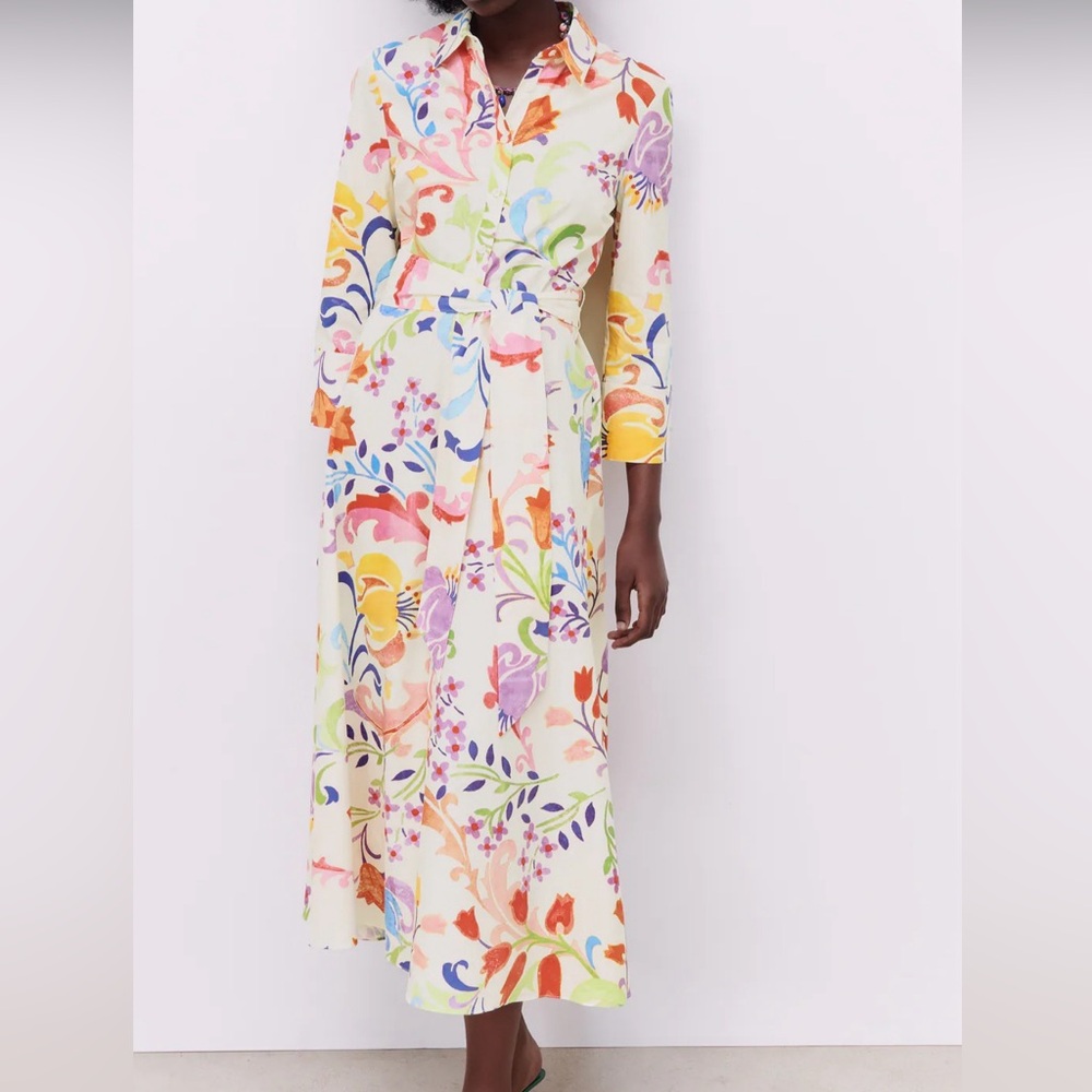 Zara Floral Multicolor Maxi Midi ShirtDress Dress